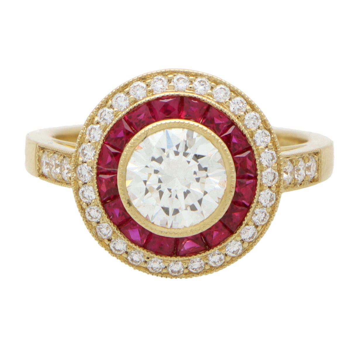 Retro Style Ruby Double Halo Engagement Ring In Golden Tone