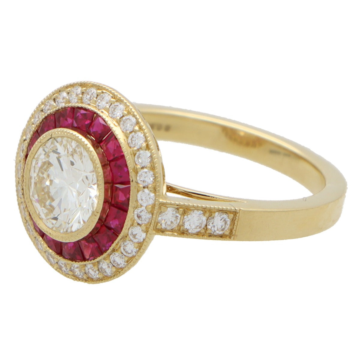 Retro Style Ruby Double Halo Engagement Ring In Golden Tone