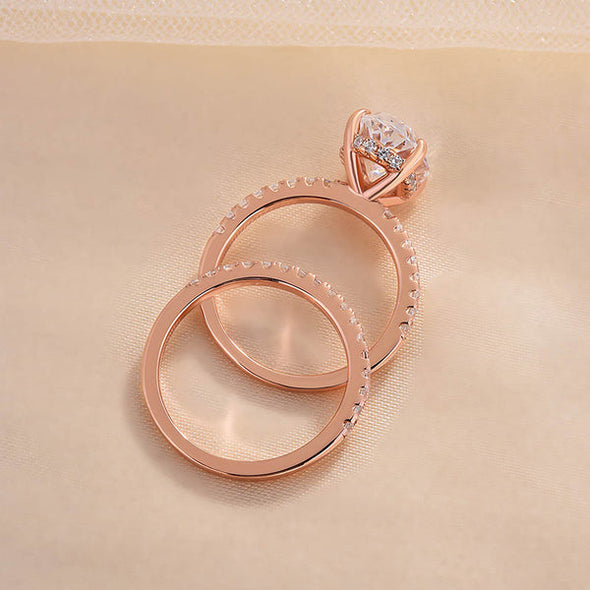 Classic Rose Gold Oval Cut Wedding Ring Set In Sterling Silver